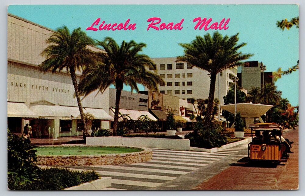 1960s Postcard Lincoln Road Mall Miami Beach FL Yellow Tram Car Saks 5th Ave
